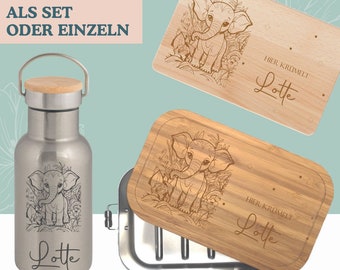 Metalldose Bambusdeckel, Holzbrettchen mit Gravur, Thermoflasche Kind personalisiert Geschenk Schule Kita Elefant mit Namen wolgakreativ