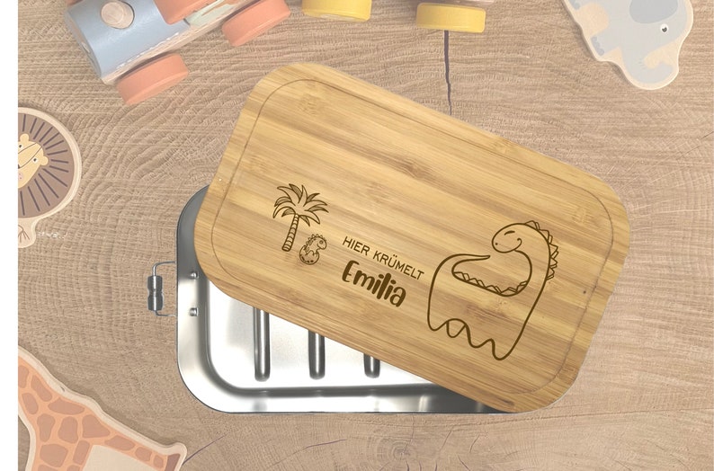 wolga-kreativ Personalisierte Brotdose aus Metall und Holz für Kinder mit Fächern und Unterteilung für Mädchen und Jungen Dino Dino Palme