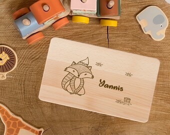 Breakfast board wooden board children baby gift engraving personalized with name fox forest animals