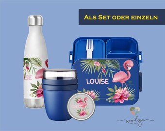 Personalisierte Bento Mepal Brotdose Thermo Trinkflasche Joghurtbecher Lunchpot mit Namen Flamingo Pausenset für Schule und Kindergarten