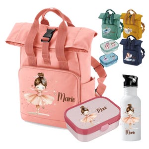 Kinderrucksack mit Namen personalisiert – Ballerina Mädchen für Kindergarten und Sport, auch als Set mit Brotdose Trinkflasche Turnbeutel