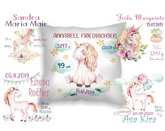 Cadeau de naissance baptême bébé personnalisé nom oreiller licorne avec dates de naissance cadeau de bébé personnalisé pour la naissance ou le baptême avec nom