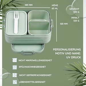 May include: A green three-tiered lunch box with a white fork. The lunch box is 6.5 inches tall, 4.7 inches wide, and 185 millimeters long. It is dishwasher safe and not microwave or freezer safe. The lunch box is labeled "Personalization: Motif and Name: UV Print".