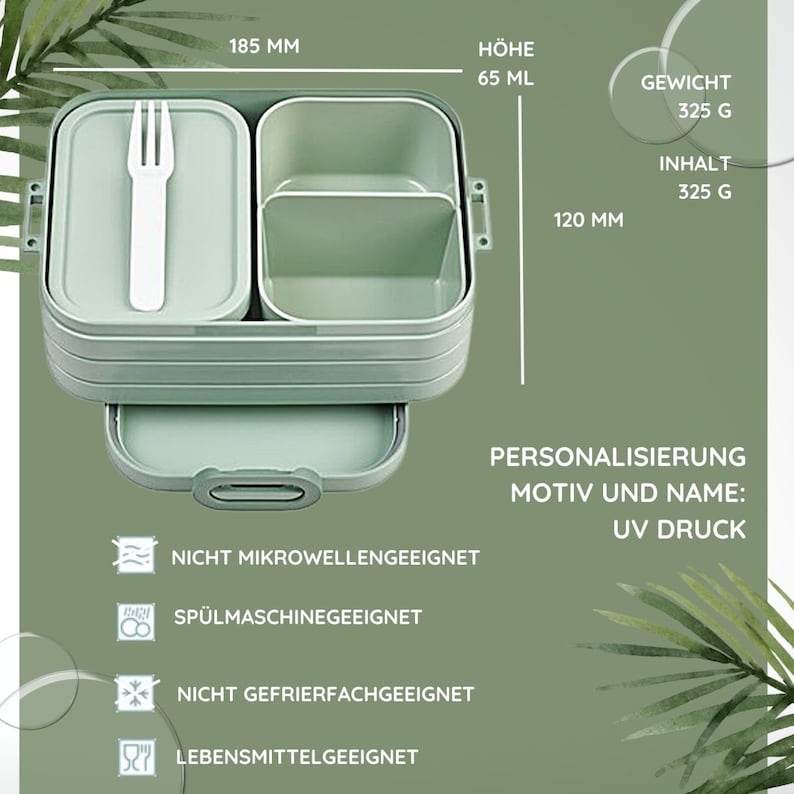 May include: A green three-tiered lunch box with a white fork. The lunch box is 6.5 inches tall, 4.7 inches wide, and 185 millimeters long. It is dishwasher safe and not microwave or freezer safe. The lunch box is labeled "Personalization: Motif and Name: UV Print".