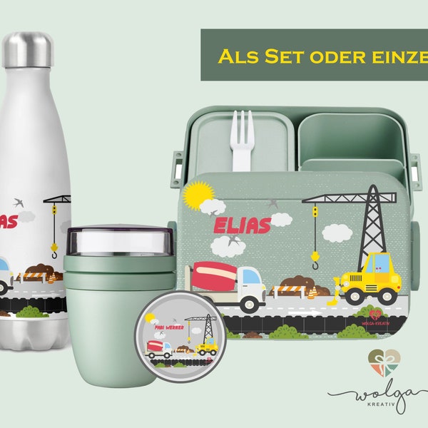 Personalisierte Bento Mepal Brotdose Thermo Trinkflasche Joghurtbecher Lunchpot mit Namen Baukran Pausenset für Schule und Kindergarten