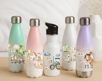Personalisierte Kindertrinkflasche Edelstahl 500ml mit Strohhalm Bauernhof Motiv Traktor Pferd Huhn | Thermoflasche Schule Kita