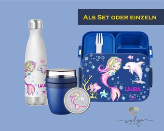 Personalized Bento Mepal lunch box thermo drinking bottle yoghurt cup lunchpot with name mermaid dolphin break set for school and daycare