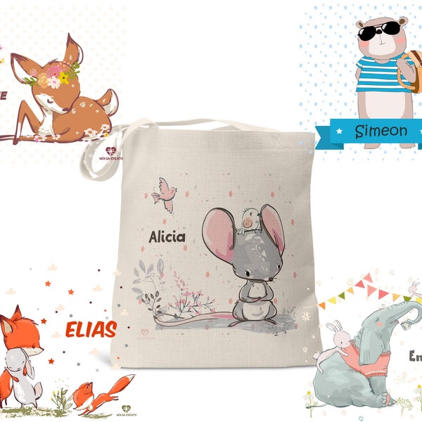Kindertasche Stofftasche mit Namen personalisiert für Kinder Fuchs Maus Elefant Mädchen Junge Kindergarten Tasche Jutebeutel Schule