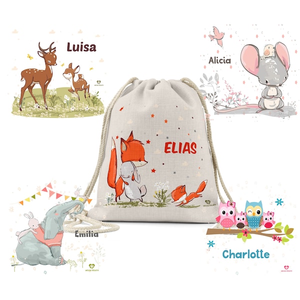 Kinder Stoffbeutel Turnbeutel Sportbeutel Gymsack Kindergartentasche Name Schule Kindergarten Hase Fuchs Maus