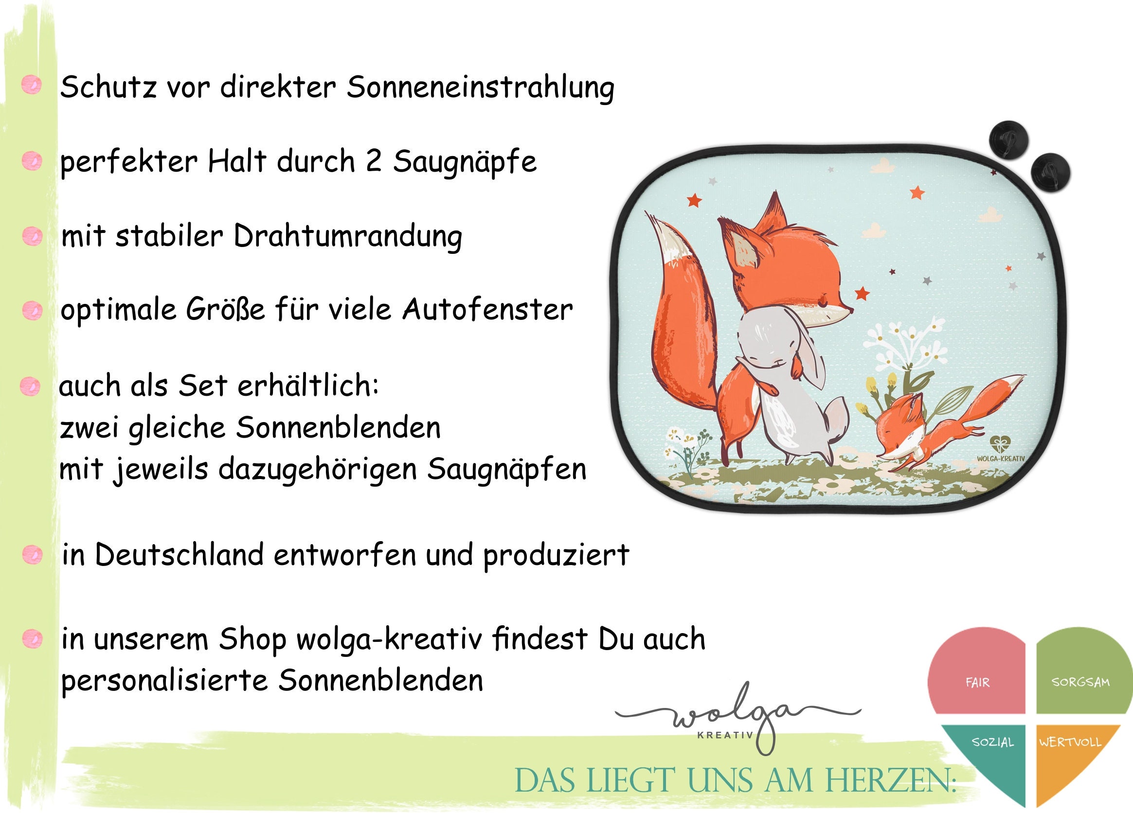 Sonnenschutz für Auto Sonnenblende Doppelpack Kinder Baby Mädchen Junge  Hase Fuchs Maus Reh Elefant Doppelpack - .de