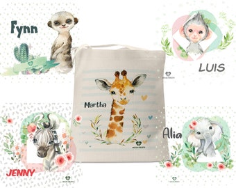 Sac enfant en tissu avec prénom personnalisé pour enfant Affractier Zèbre Singe Éléphant Fille Garçon Ecole Maternelle