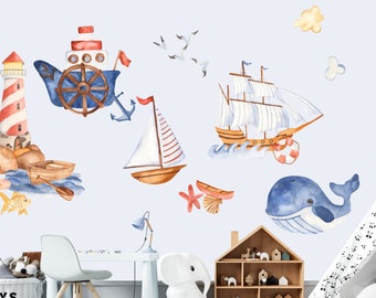 Sticker mural meubles stickers chambre d'enfant motifs maritimes baleine ancre voilier sous-marin phare sticker mural sticker mural décoration chambre de bébé