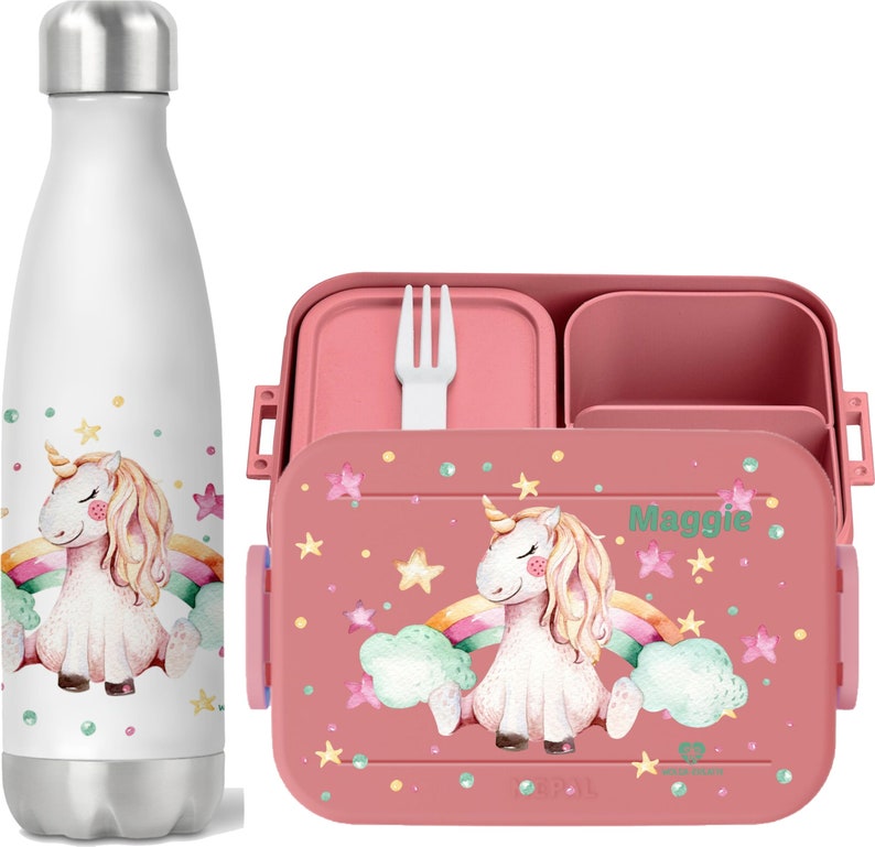 Boîte à lunch Bento Mepal personnalisée, bouteille thermique, tasse de yaourt, pot à déjeuner avec nom licorne arc-en-ciel, ensemble de pause pour l'école et la garderie image 3