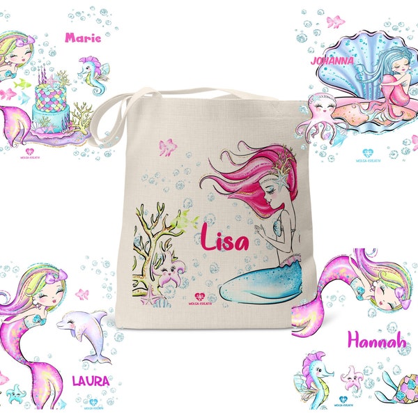 Kindertasche Stofftasche mit Namen personalisiert für Kinder Meerjungfrau Delfin personalisiert Mädchen Junge Kindergarten Schule