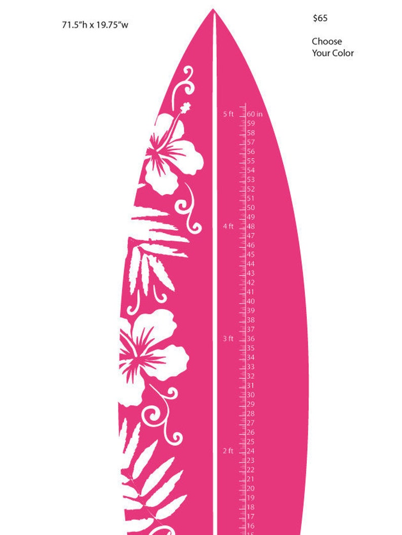 Hibiscus Surfboard Growth Chart Wall Decal Growth Chart Decal for Nursery ~ Item 0431