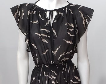 Vintage Black Abstract Print Smocked Waist Flutter Sleeve Dress M