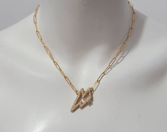 Pave Twist Lock Lightening Bolt Pendant 14K Gold Filled 18" Chain Link Necklace