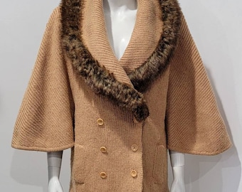 Vintage 00s Camel Dolman Cape Fur Double Breast Knit Coat