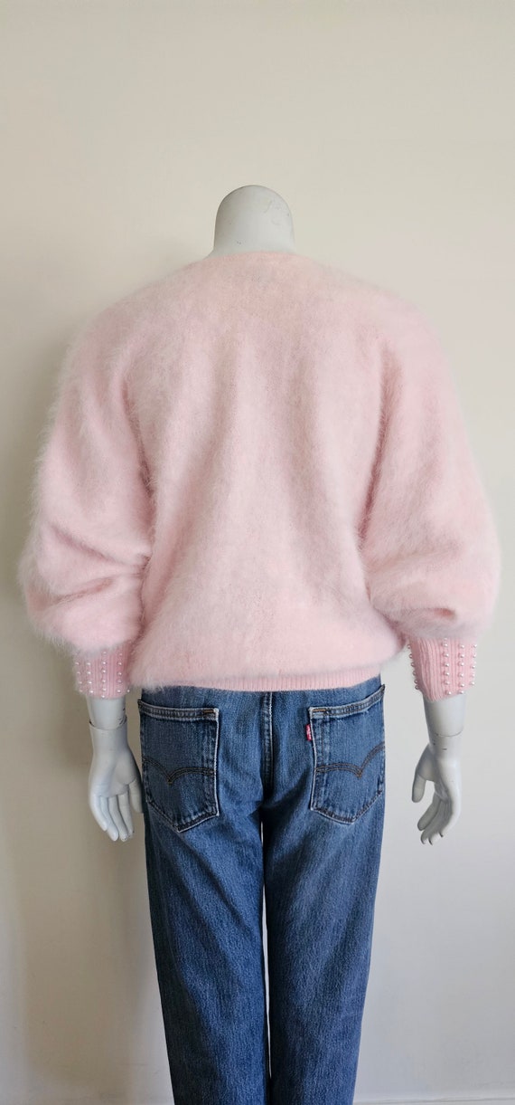 Vintage 80's Pink Angora Pearl Rhinestone Dolman … - image 6