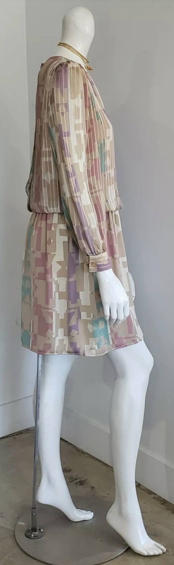 Vtg 80's Beige Multi Abstract Chiffon Silk Puff S… - image 2