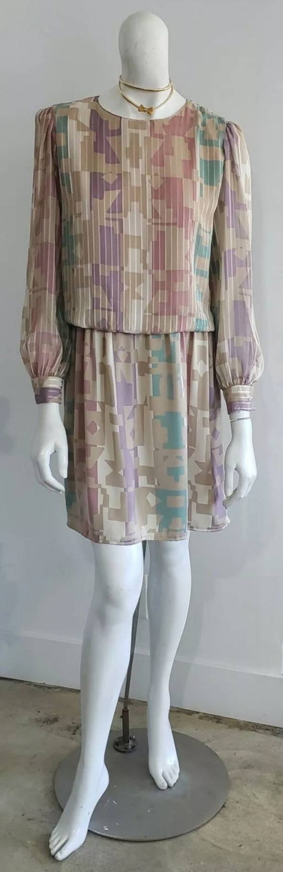 Vtg 80's Beige Multi Abstract Chiffon Silk Puff S… - image 1