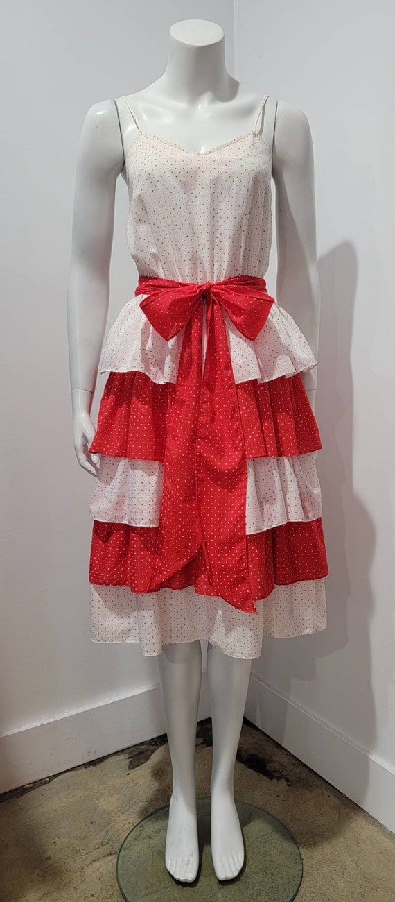 Vtg 70’s Red White Swiss Dot Tiered Strapless Cott