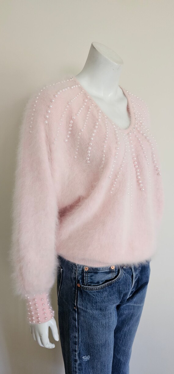 Vintage 80's Pink Angora Pearl Rhinestone Dolman … - image 9