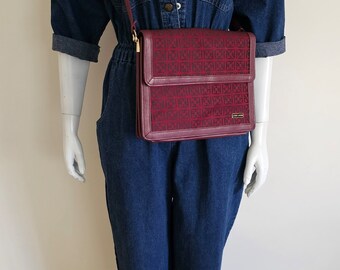 Vintage 80s Burgundy Monogram Envelope Leather Canvas Clutch Crossbody Purse by Hardy Amies