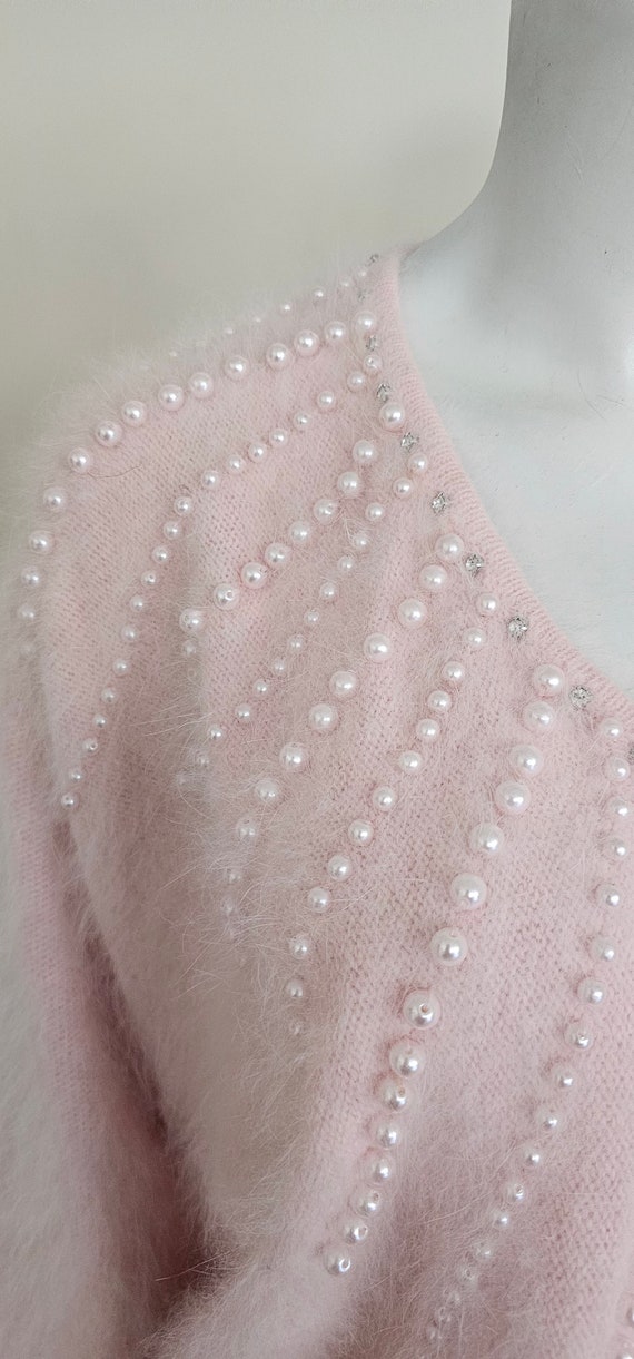 Vintage 80's Pink Angora Pearl Rhinestone Dolman … - image 10