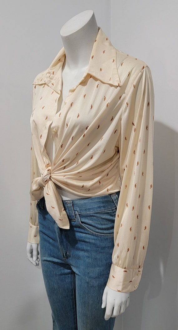 Vintage 70's Glam Hippy Cream Leaf Button Up Slin… - image 3