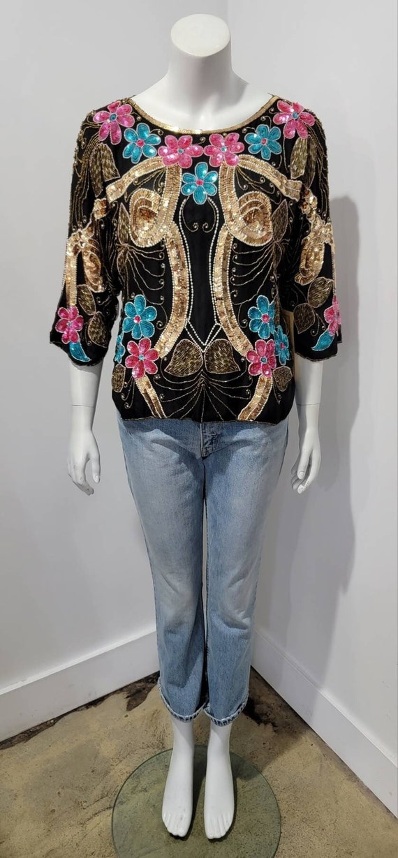 Vintage 80's Floral Beaded Sequin Deco Dolman Silk