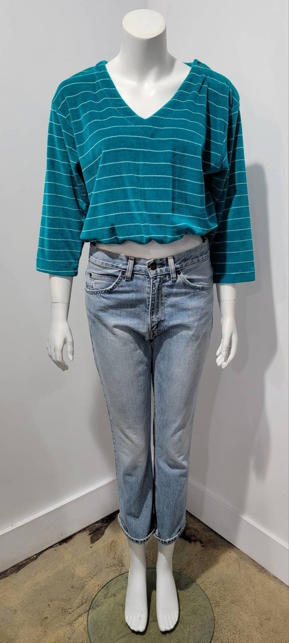 Vintage 80's Teal Blue Stripe Velour Crop Top