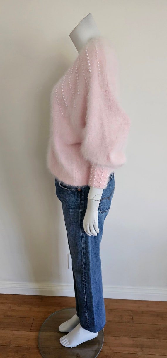 Vintage 80's Pink Angora Pearl Rhinestone Dolman … - image 3