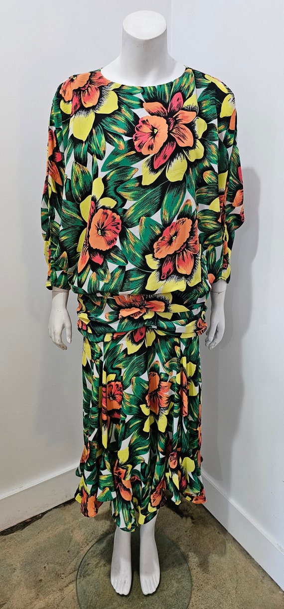 Vintage 80s Tropical Floral Dolman Drop Waist Flow