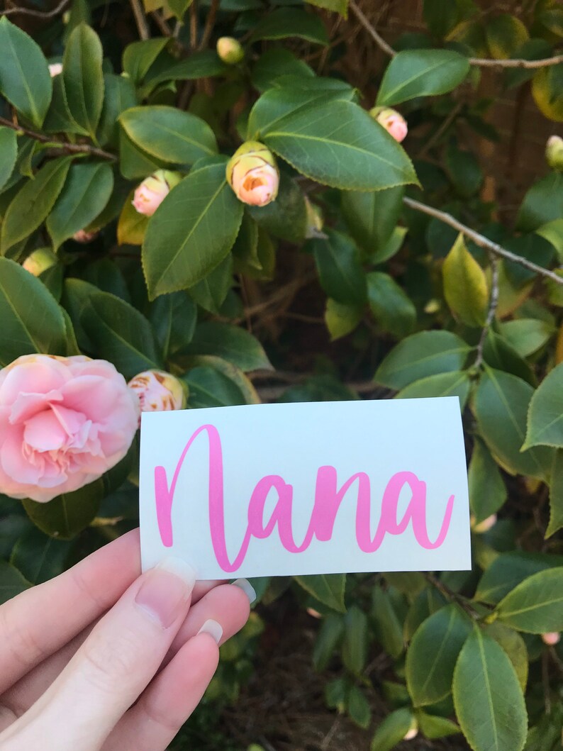 May include: A white sticker with the word "Nana" written in pink cursive lettering. The sticker is being held in front of a green bush with pink flower buds.