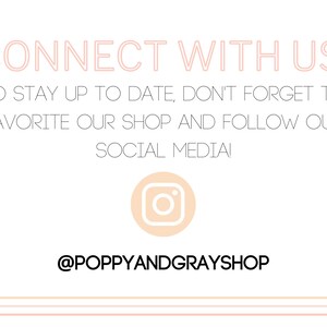 Op de afbeelding: Maak contact met ons! Om op de hoogte te blijven, vergeet niet om onze winkel te favorieten en onze social media te volgen! @poppyandgrayshop