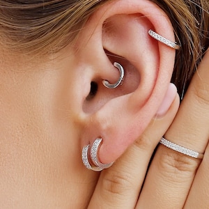Double Huggie Hoop Stud Earrings - Double CZ Hoop Earrings - Dainty Silver Hoop  - Small Hoop Earrings - Clear Stone Huggie - Ear Wrap Stud