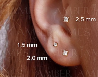 Pendientes de botón de oro auténtico de 9 quilates con circonitas cúbicas, mini pendientes, oro 100 % reciclado, pendientes de oro de 9 quilates, pendientes pequeños, 2 mm, 2,5 mm, 3 mm, 4 mm, hipoalergénicos.
