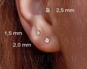 Clous d'oreilles en or véritable 9 carats CZ, mini clous, or 100 % recyclé, clous en or 9 carats, petits clous, 2 mm, 2,5 mm, 3 mm, 4 mm, hypoallergénique