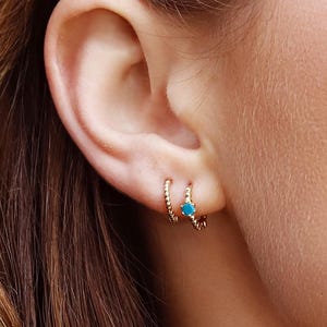 Sterling Silver Huggie Hoop Earrings • Turquoise Bead, Minimalist Style