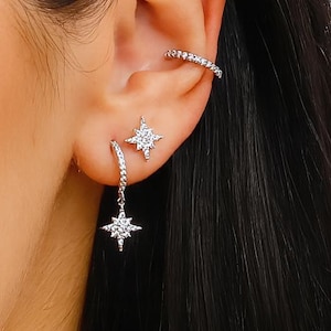 Star Huggie Hoop Earrings • gold star hoop • 18K gold plated earrings • hoop earrings • silver huggie earrings, silver hoop earrings, Silver