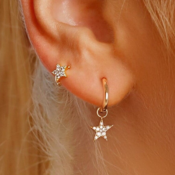 Créoles étoile Huggie • créoles étoile en or • Boucles d'oreilles en plaqué or 18 carats • boucles d'oreilles créoles • Boucles d'oreilles huggie en argent, créoles en argent, Argent