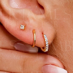 Orecchini a cerchio Huggie • Set di 3 orecchini • cerchio per cartilagine • orecchini a cerchio • cerchio con anello in argento pavé • cerchio per trago • piccolo cerchio per elica