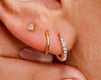 Huggie Hoop Earrings • Set of 3 earrings • cartilage hoop • hoop earrings • silver pave ring hoop • tragus hoop • small helix hoop