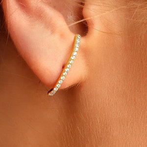 Pendientes minimalistas con lóbulo en forma de tira - Pendientes estilo aro - Pendientes con barra de plata pavé - Pendientes pequeños - Delicados - Pendientes estilo aro