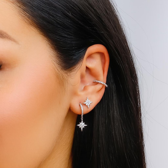 Star Huggie Hoop Earrings • gold star hoop • 18K gold plated earrings • hoop earrings • silver huggie earrings, silver hoop earrings, Silver