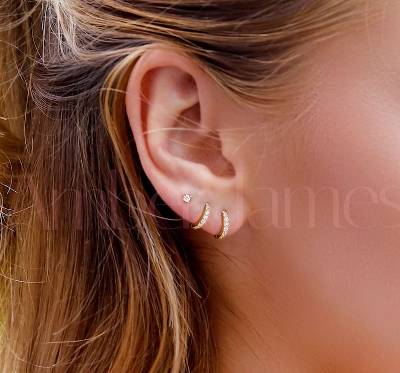 Créoles Huggie Lot de 3 boucles d'oreilles créoles en cartilage créoles créoles anneau pavé d'argent créoles tragus petites créoles hélicoïdales image 2