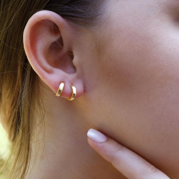 Sterling Silver Huggie Hoop Earrings, 18K Gold Plated, Dainty Tiny Huggies