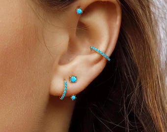 Turquoise Huggie Hoop Earrings, 18K Gold Plated Sterling Silver