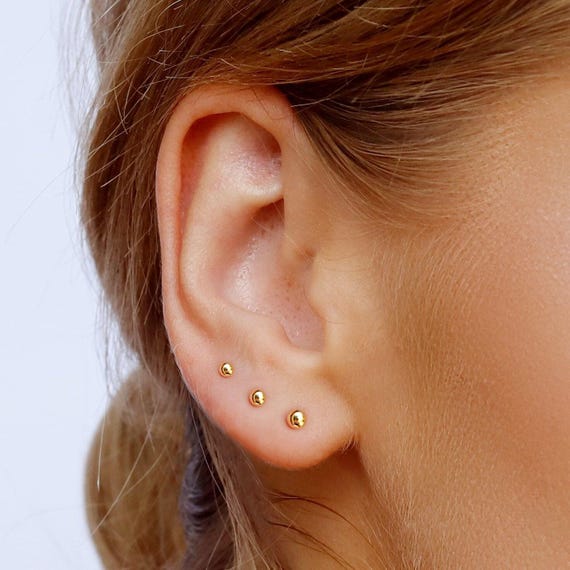 9K Real Solid Gold Ball Stud Earrings, Mini Studs, Delicate Tiny 22g / 0.6mm Screw Push In Gold Labret Tragus Stud Helix Stud Earring